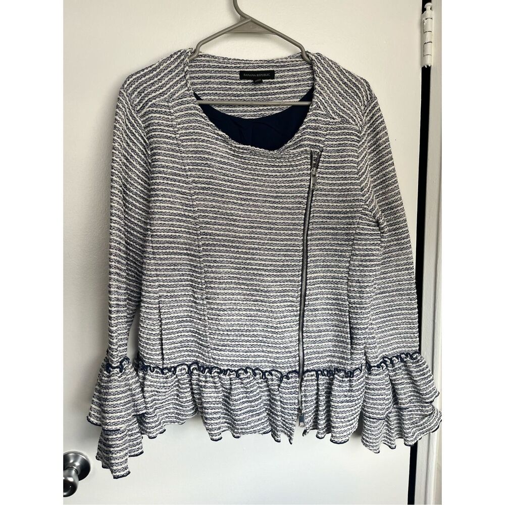 Banana Republic Womens 14 Blue and White Stripe Bell Fringe Sleeve Sweater Jacke